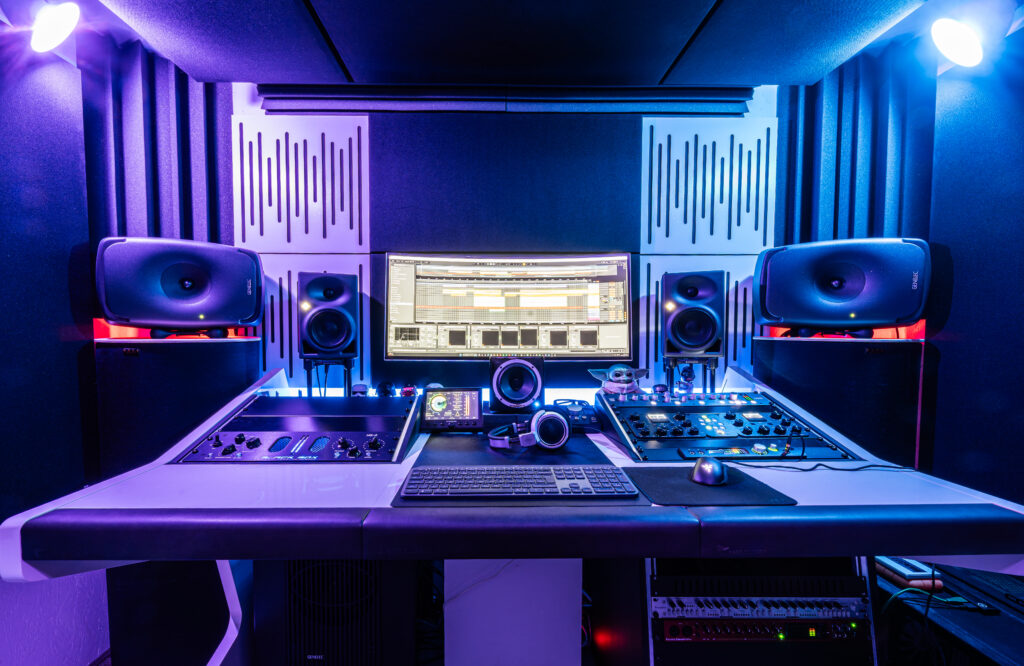 Mixing- en masteringstudio met Sessiondesk Trio bureau, Genelec 8351 en Neumann KH120 studio monitoren, professionele gear en Ableton Live op het scherm